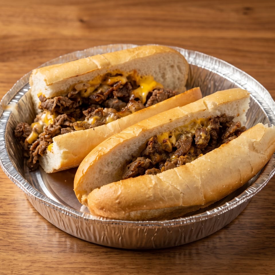 Three cheesesteak sandwiches filled with sliced beef, mushrooms, and melted cheese in a foil tray on a wooden table.
