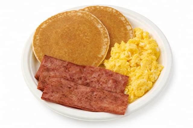 Pancakes, Eggs, Turkey Bacon Platter.