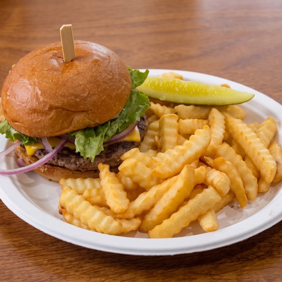 Cheeseburger with lettuce and onions, crinkle-cut fries, and a pickle spear on a white plate.
