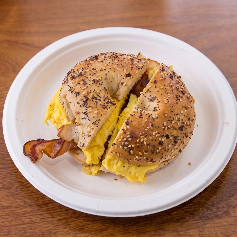 Everything bagel sandwich with scrambled eggs and bacon on a white plate atop a wooden table.