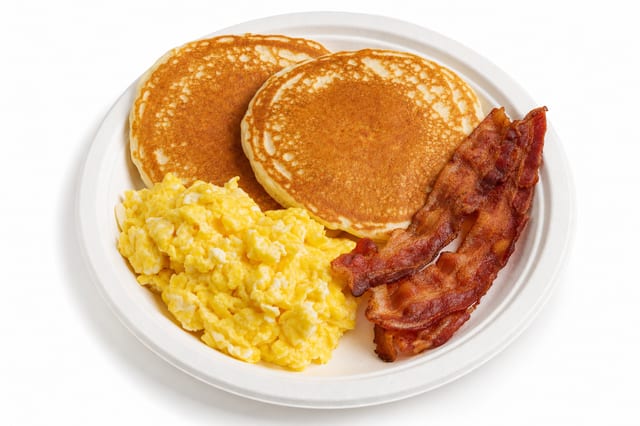 Pancakes, Eggs and Bacon Platter.