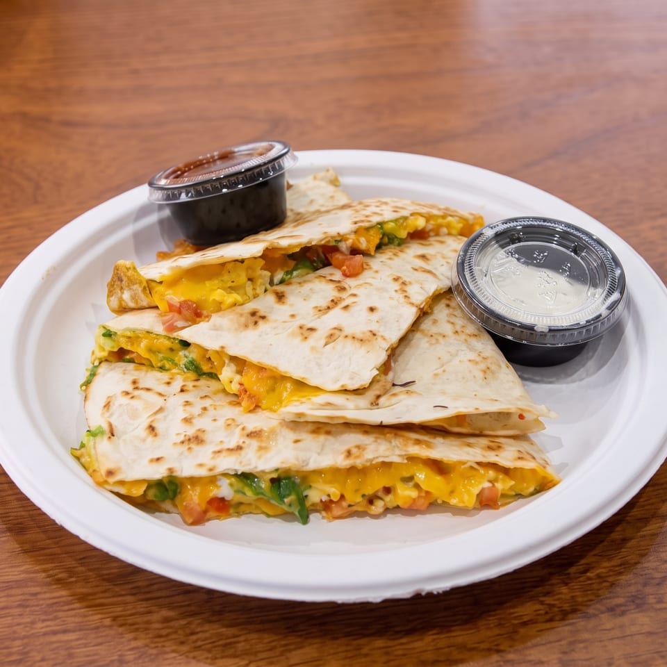 Stacked cheese quesadilla wedges with vegetables and two dipping sauces on a white plate atop a wooden table.