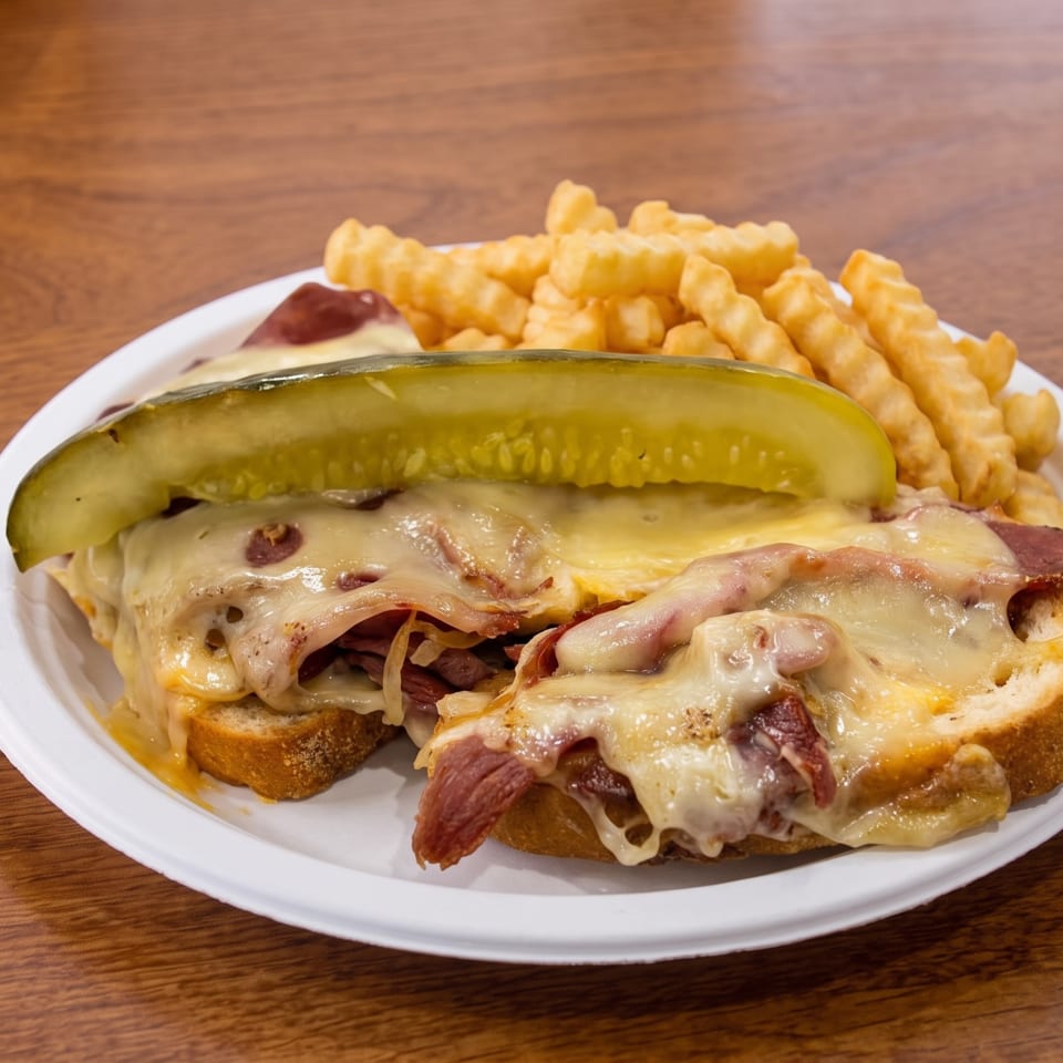 Cheesesteak sandwiches topped with melted cheese and pickles, served with crinkle-cut fries on a white plate.