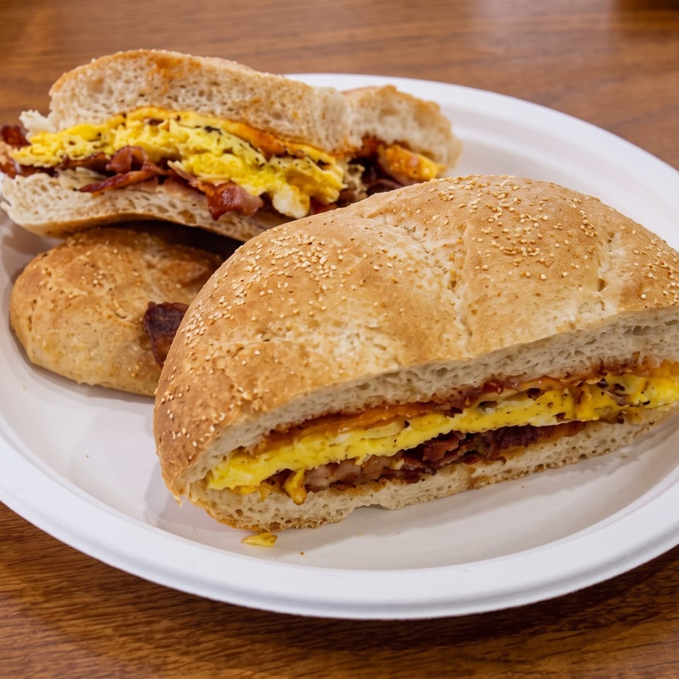 Two sesame-seed breakfast sandwiches with scrambled eggs and bacon on a white plate atop a wooden table.