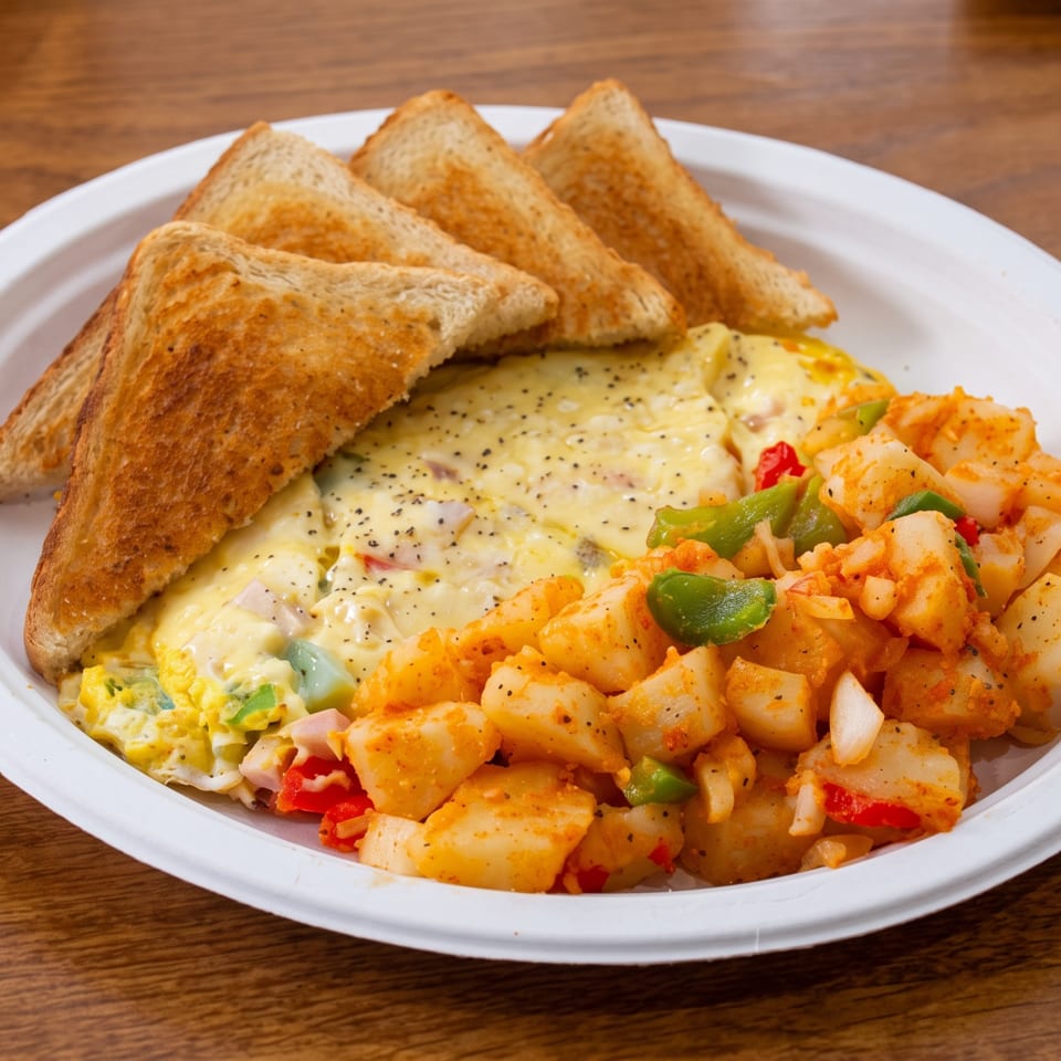 Plate of scrambled eggs, seasoned breakfast potatoes with peppers, and toasted bread on a wooden table.