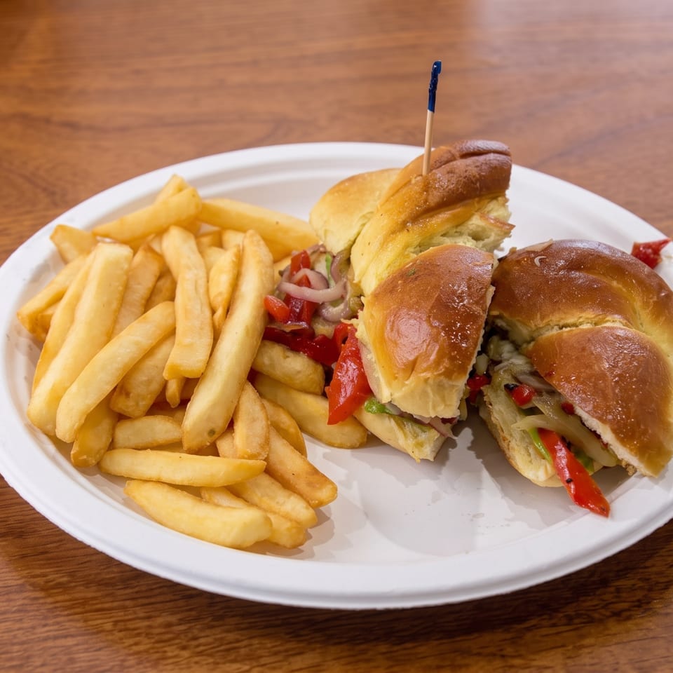 Plate of toasted sandwiches filled with vegetables, served alongside golden fries on a wooden table.