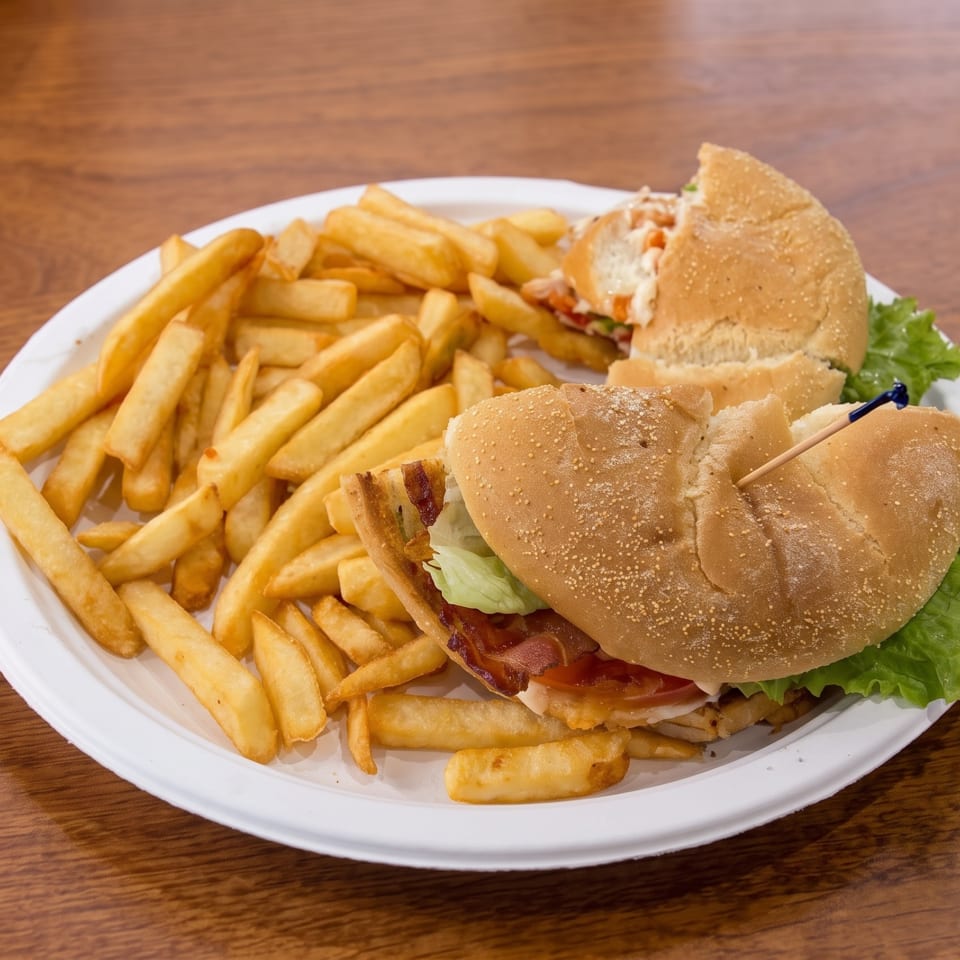 Sesame-seed burgers with lettuce and bacon served alongside golden French fries on a white plate.