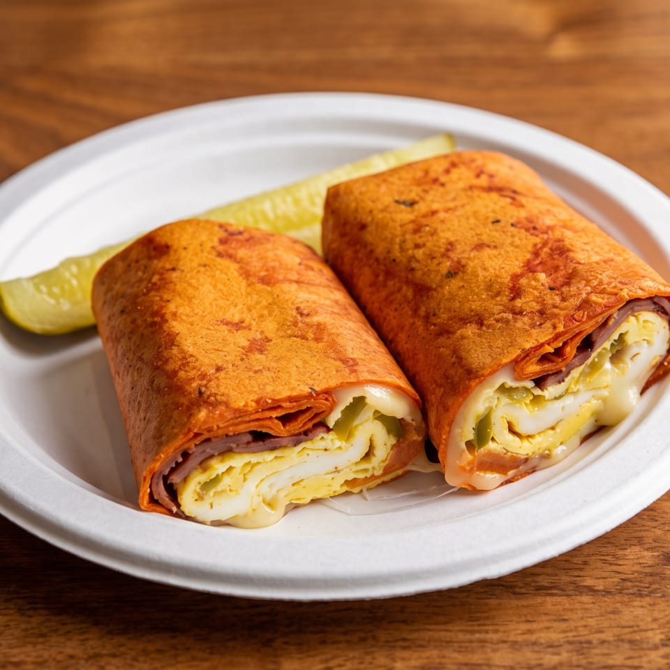 Two toasted breakfast wraps filled with eggs, cheese, ham, and peppers, served with pickle spears on a white plate.