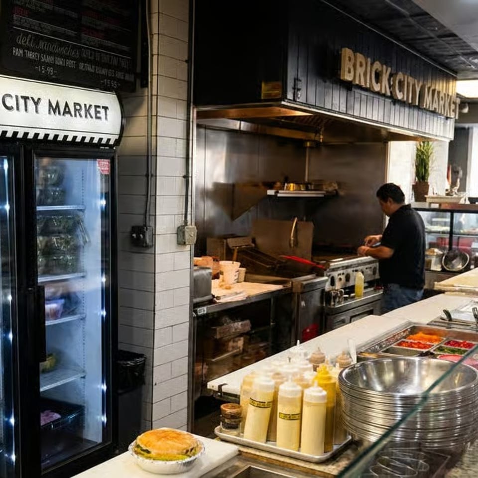 Brick City Market deli counter with refrigerated displays, prepared ingredients, stacked bowls, and a cook working in the open kitchen.
