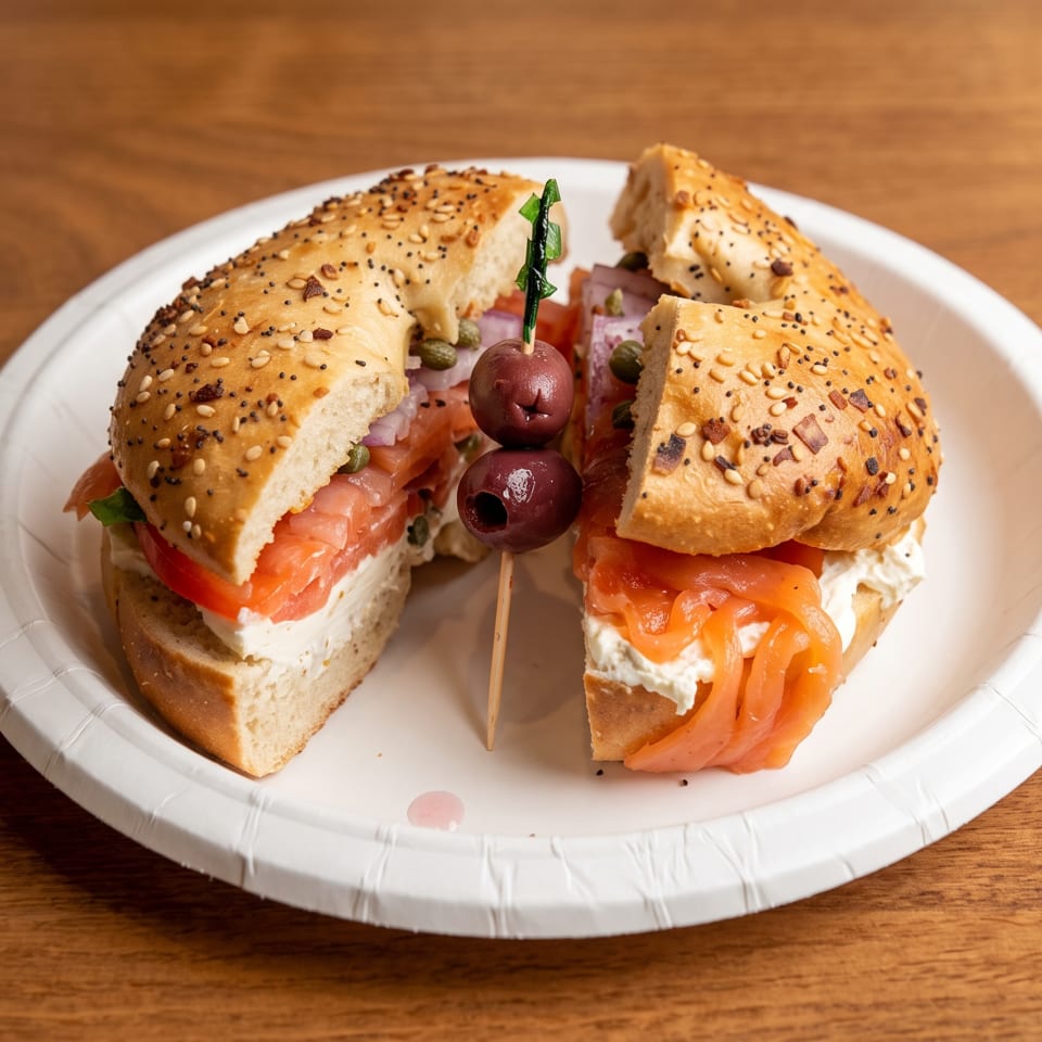 Two smoked salmon and cream cheese bagel sandwiches with tomato and onion sit on a paper plate, skewered with olives.