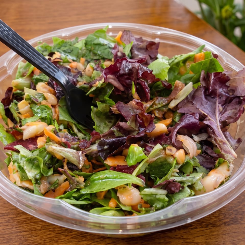Mixed green and purple leaf salad with chickpeas, vegetables, and a black serving spoon in a clear bowl.