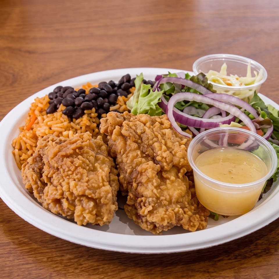 Plate of crispy fried chicken with seasoned rice, black beans, salad, coleslaw, and dipping sauce on a wooden table.
